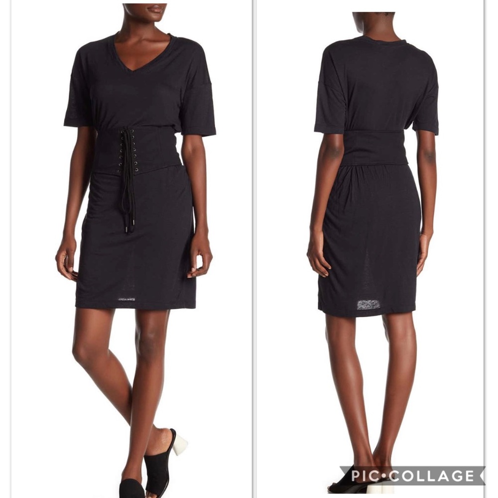 DAVID LERNER V-Neck Corset Belted T-Shirt Dress